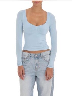 Lucy in the Sky Light Blue Long-Sleeve Scoop Crop Top